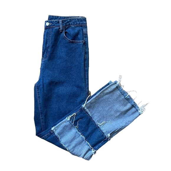 Mid Wash Denim High Waist Wide Leg Patchwork Leg Jeans Large Size 12 - Picture 3 of 4